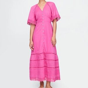 GAP Women’s Standout Pink Button-Down Lace Trim Midi Dress Size XL NWT